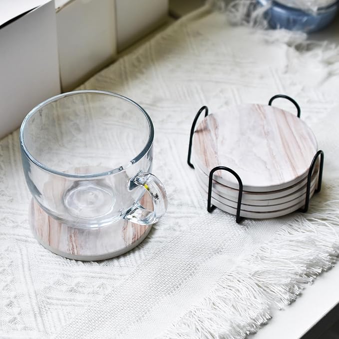 6Pcs Absorbent Coasters Set with Holder,Ceramic Drink Coaster,4 in（A1） | Marble Style Ceramic Drink Coaster,Suitable for Kinds of Cups,Modern Style Coaster for Coffee Table