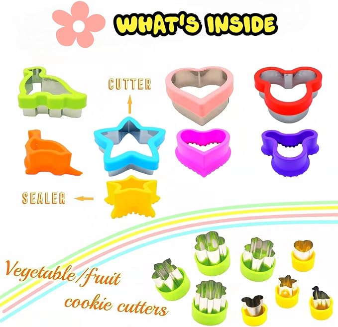 Uncrustable Sandwich Cutter, Crustless Sandwich Cutter and Sealer Set | 12PCS Sandwich Cookie Cutters, Heart Star Dino Mouse Shapes, Lunch & Bento Box Accessories