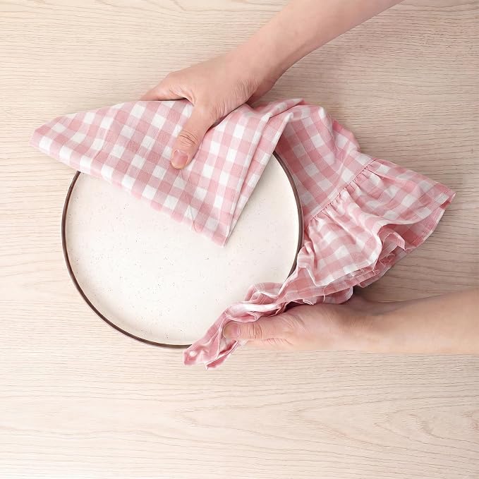 HunnmingRe 2 Pcs Light Pink Gingham Kitchen Towels Cotton Ruffled | Checked Dish Towels 18"x28" Tea Cloths Plaid Cottage Core Kitchen Decor for Farmhouse Charm Drying Dishes Entertaining Guests