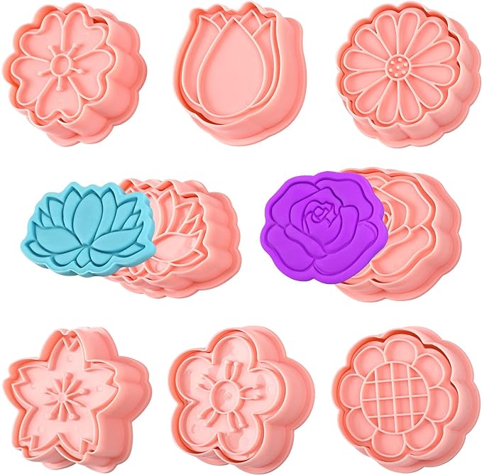 8 Pack Flower Cookie Cutters, 3D Cookie Cutter with Plunger Stamp | 8 Styles Spring Flowers Cookie Cutters with Cookie Stamps for Home Kitchen