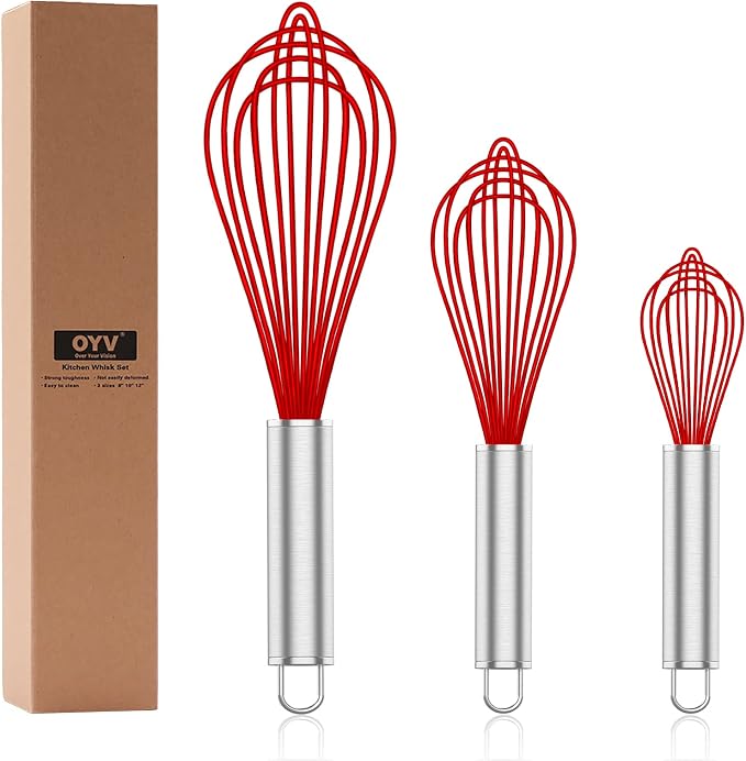 OYV Red Silicone Whisk Set of 3, 8/10/12 Inch, for Cooking Non-Scratch | BPA-Free Silicone, Heat Resistant Up to 480°F, Stainless Steel Core, Dishwasher Safe, Nonstick-Safe