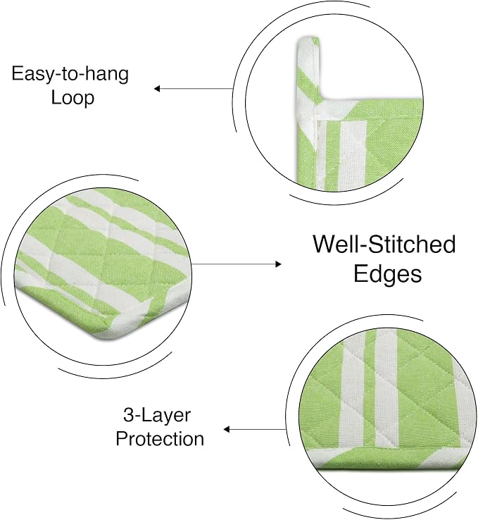 Encasa XO Pot Holders, Quilted Kitchen Hot Pads 8"x8" Franca Lime Stripes | 100% Eco-Friendly Cotton | Thick Cotton Padding Insulation | Convenient Hanging Loop | Set of 2