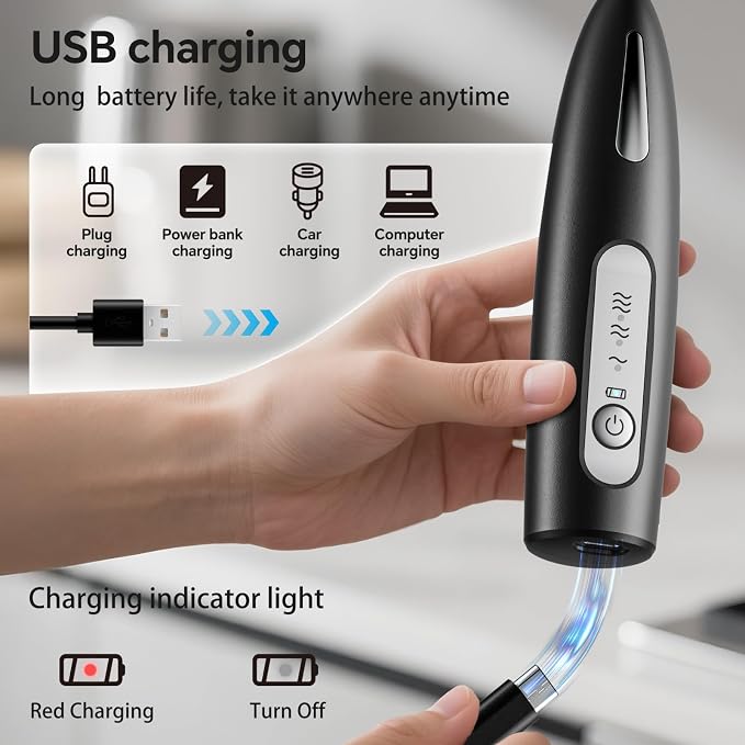 Electric Milk Frother, Three speed adjustment, USB Rechargeable Cordless Hand Blender with Sticky Stand Included, Portable Kitchen Stainless Steel Egg Beater, Mixed Drinks, Coffee Stirrers (Black set)