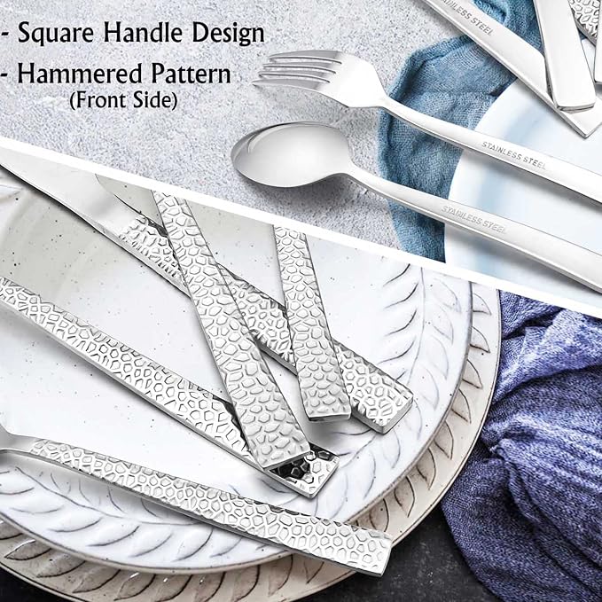 E-far 80-Piece Hammered Silverware Set, Stainless Steel Square Flatware Set Service for 16, Tableware Cutlery Set Includes Forks Spoons Knives, Modern Design & Mirror Polished - Dishwasher Safe