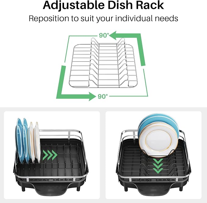 SNTD Expandable Dish Drying Rack for Kitchen Counter, 15.2-22.1 in, Black | Rust-Resistant Stainless Steel, Protective Side Rails, Self-Draining Drainboard, Removable Utensil Holder