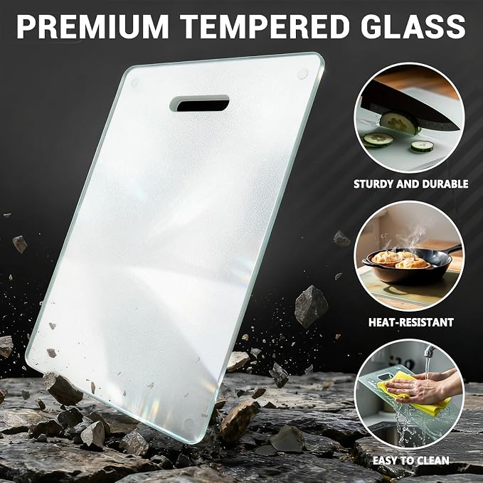 Tempered Glass Cutting Board for Kitchen Counter, 16"x12" Clear Chopping Board with Handle, Non-toxic, Plastic Free, Scratch Resistant, Heat Resistant, Dishwasher Safe, Easy to Clean