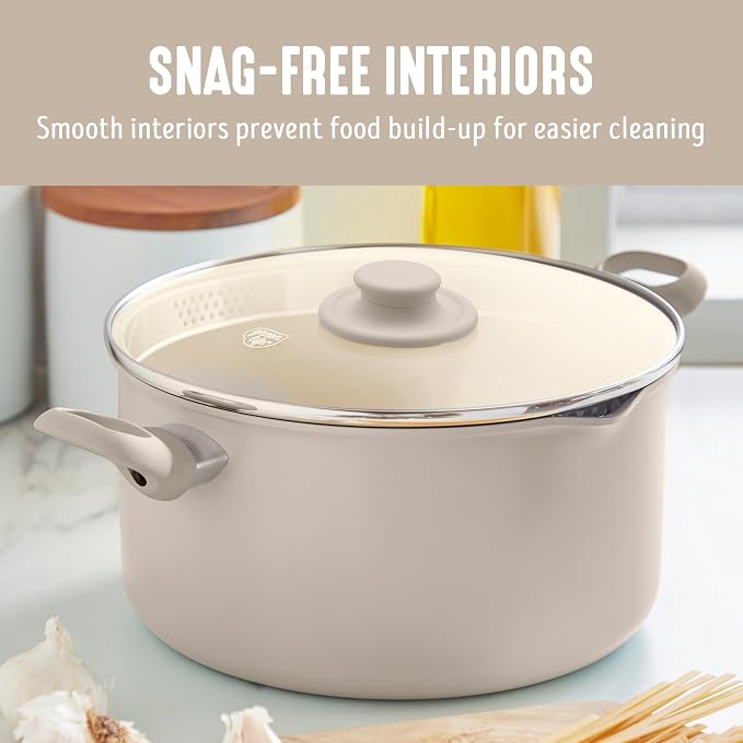 GreenLife 6QT Ceramic Nonstick Stockpot with Glass Straining Lid, Taupe | PFAS-Free Ceramic Nonstick Coating, Large Cooking Pot, Soup Pan, Stay-Cool Handles, Dishwasher & Oven Safe up to 350F