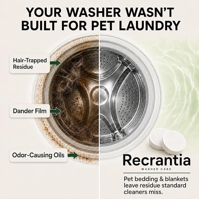 Washing Machine Cleaner Tablets for Pet Owners - 30 Count Enzyme Pet Hair Buildup Cleaner - Odor and Residue Remover Front Top Load HE Washer Tub - Fragrance-free