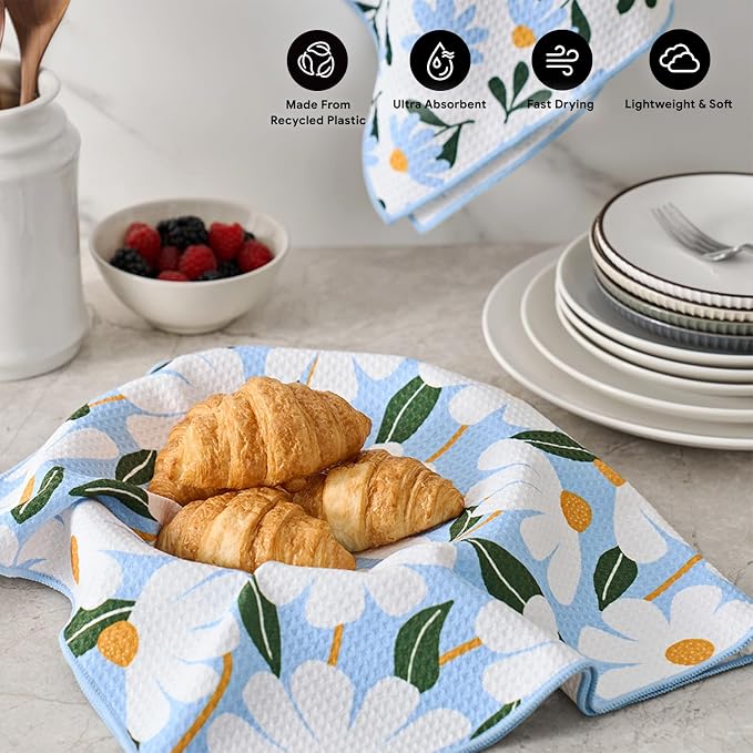 RECYCO Waffle Kitchen Towel Set of 2 - Quick Dry Microfiber Sustainable Dish Towels - Ultra Absorbent Reusable Cleaning Tea Towels - Lightweight Hand Towels,16”x 28”, Daisy Dreams