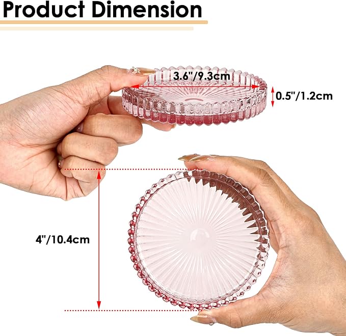 Modern Clear Coaster Set of 5- Glass Coasters for Drinks, Clear Pink | Crystal Coasters Round Cup Coaster Coffee Table Decor for Office, Kitchen, Bar, Dining Room, Living Room, Patio