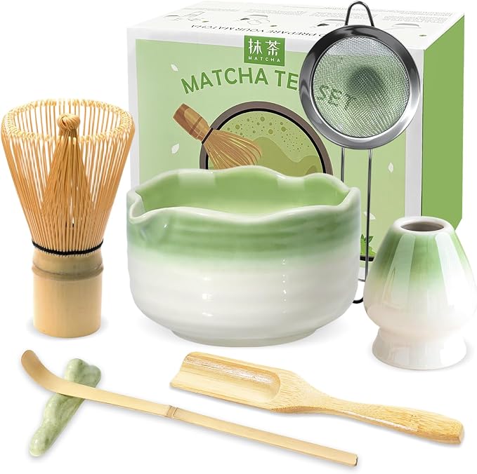 JBER Matcha Set, 7PCS Matcha Whisk Set with Bamboo Whisk for Matcha Starter | Ceramic Matcha Kit Includes 17oz Bowl, Whisk (Chasen) 100 Prongs, Holder, Spoon, Sifter for Matcha Beginners, Gradient Green