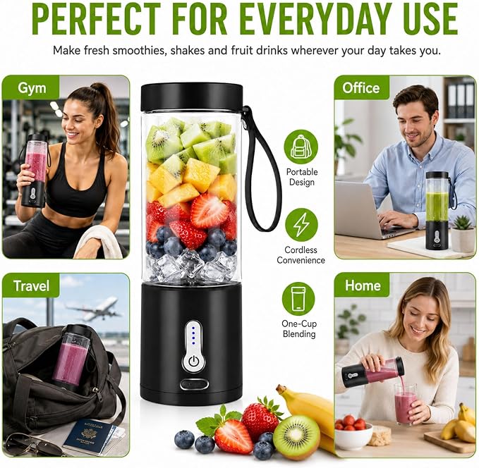 Portable Personal Blender, Cordless Juicer Cup, USB Rechargeable Ideal for Shakes & Smoothies,Ice Blending,Juicing, Mini Blender for Travel Sports Outgoing Office Gym