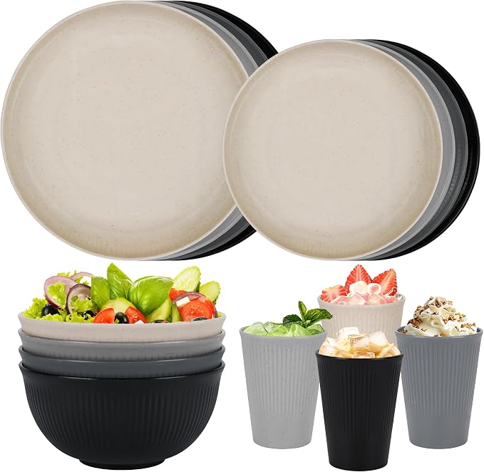 16pcs Wheat Straw Dinnerware Set for 4 People Camping Plates and Bowls Set | Unbreakable Dish Set Reusable Picnic Set, Plates, Cups, Bowls, Microwave and Dishwasher Safe