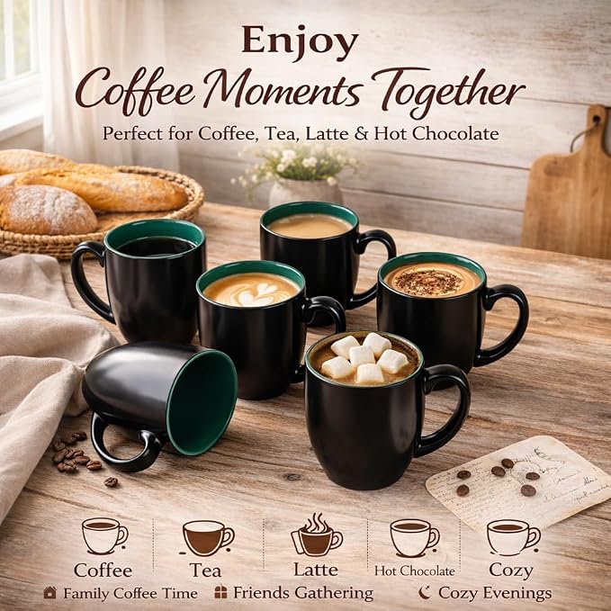 GBhome 16 oz Coffee Mugs Set of 6, Ceramic Coffee Cups- Green