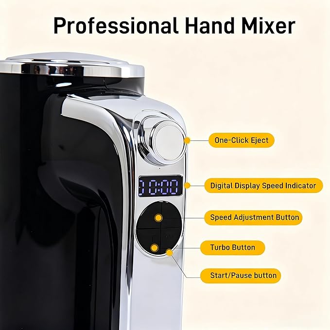Electric Hand Mixer, Handheld Mixer with LCD Display and Storage Base | 5 Speeds & Turbo, One-Button Eject, 2 Beaters, 2 Dough Hooks, 1 Whisks, Kitchen Blender for Eggs, Cream, Dough, Baking