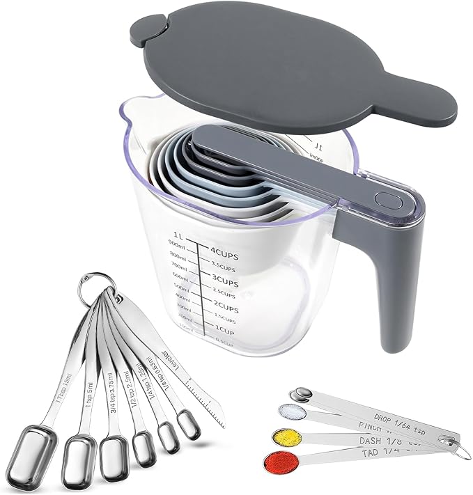22-Pc Stackable Measuring Cups and Spoons Set with Lid | BPA-free & dishwasher safe. Premium 22-piece nested cups & spoons set with lid. Ideal kitchen tools for liquid or dry food