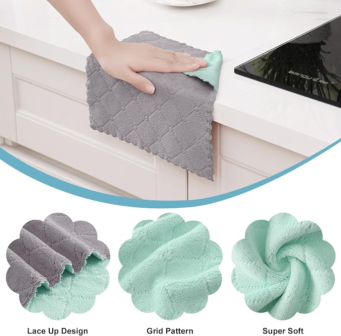 Homaxy 12 Pack Super Soft Dish Cloths, 10" x 10", Grey & Green | Coral Velvet, Nonstick Oil Fast Drying Microfiber Cleaning Cloth, No Lint Household Dishcloths