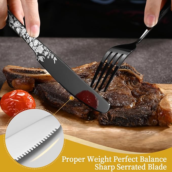 40 Piece Black Silverware Set, Stainless Steel Flatware Cutlery Set Service for 8, Mirror Polished Tableware Eating Utensils Set for Home Kitchen, Include Knife Fork Spoon Set, Dishwasher Safe