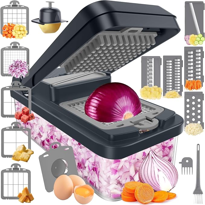 MealHelper 15-in-1 Vegetable Chopper, Food Veggie Chopper With Container | Kitchen Prep Tool, Cheese Grater, Home Essentials & Kitchen Gadgets, with Sharp Stainless Steel Blades(10 Blades, Gray)