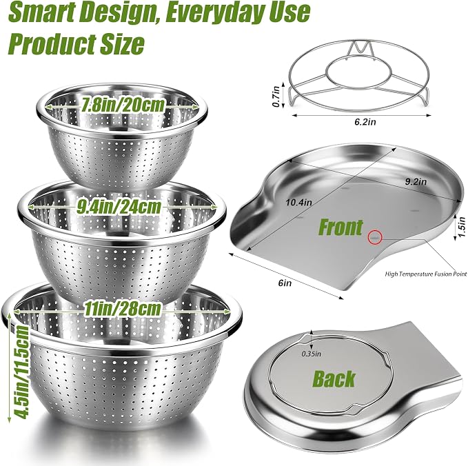 Palksky Stainless Steel Colander Set with Self-Draining Base, 3 Sizes Colanders & Food Strainers for Pasta, Rice, Fruits & Veggies, Metal Colander with Draining Plate for Sink or Countertop