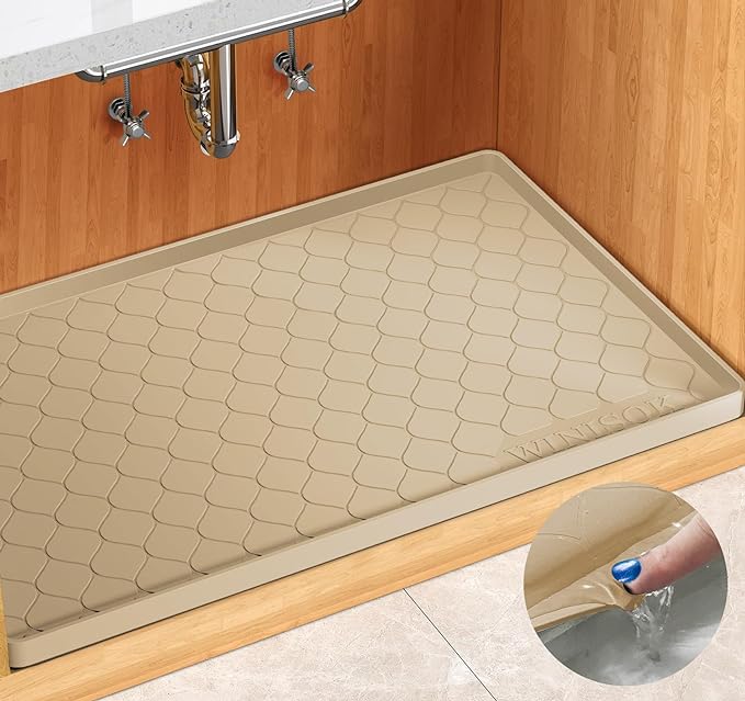 Winisok Waterproof Under Sink Mat 31" x 22", Silicone Mat, Beige | Raised Edge Traps Spills & Leaks, Shelf Liner, Cabinet Protector, for Kitchen, Bathroom, Boots, Pets, Home Essentials