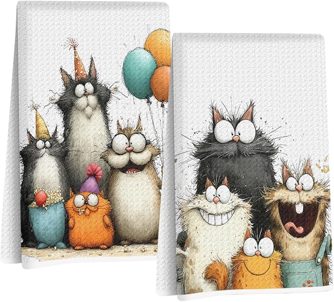 2 Pcs Cute Cat Kitchen Towels, Funny Cats Gifts Absorbent Hand Towels-05 | Cat Dish Cloths for Drying Dishes, Cats Waffle Dish Towels for Kitchen Home Bathroom Decor, Cat Lover Gifts for Women Mom