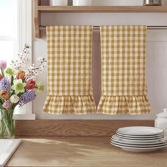 HunnmingRe 2 Pcs Yellow Pink Gingham Kitchen Towels Cotton Ruffled | Checked Dish Towels 18"x28" Tea Cloths Plaid Cottage Core Kitchen Decor for Farmhouse Charm Drying Dishes Entertaining Guests