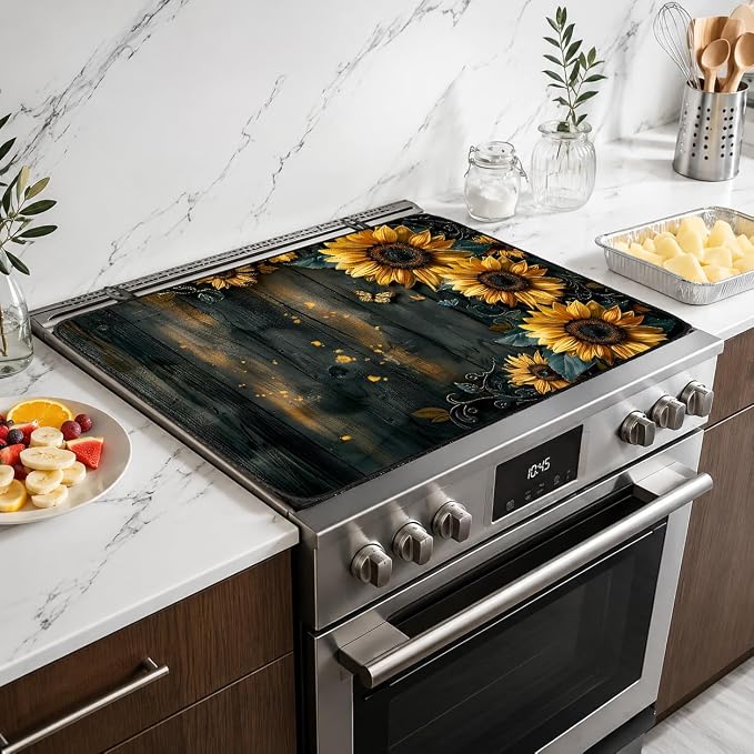 Electric Stove Top Cover for Glass Top, Sunflower Farmhouse Decor – Heat Resistant Flat Stove Top Covers, Decorative Scratch Protector Mat for Glass Ceramic Cooktop, Non-Slip, 28"x20"