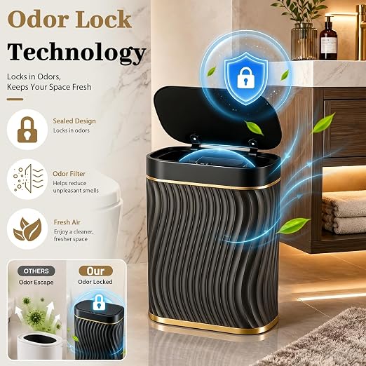 2.6 Gallon Automatic Bathroom Trash Can with Touchless Lid, Black Gold | Motion Sensor Trash Can with Slim Waterproof Body; Small Plastic Garbage Can, hands-free lid for Bedroom, office, and kitchen