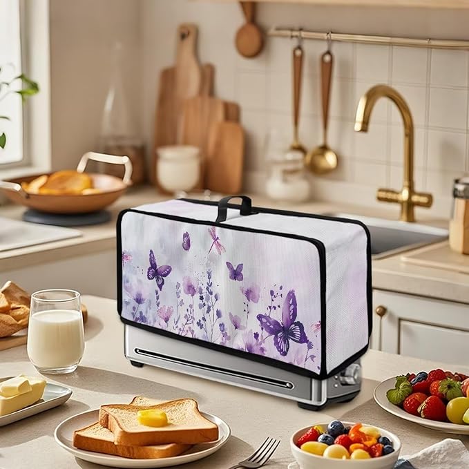 ZDCUSTOM Long Slot Toaster Cover Compatible with 2 Slice Toaster Dust Protection Stain Resistant Slim Bread Maker Cover Purple Floral Butterfly Print