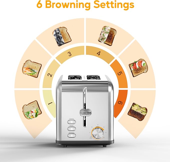HealSmart 2-Slice Stainless Steel Toaster, 6 Browning Setting and 3 Function Toaster, Extra Wide Slot & Removable Crumb Tray, for Bread & Waffle, Silver