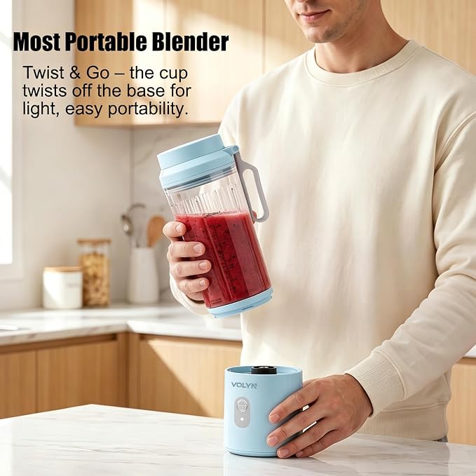 VOLYN Mini Electric Blender Smoothie Maker with Straw & Cleaning Brush | Mini Personal Blender for Fruit Drinks, Smoothies & Milkshakes, Compact Space-Saving Design for Kitchen and Office, Blue