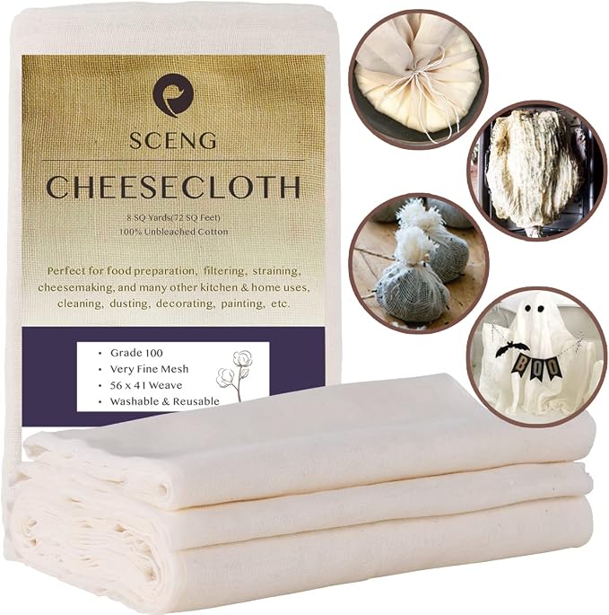 Cheesecloth, Grade 100, 72 Sq Feet, Cheese Cloths for Straining, Cooking, 100% Unbleached Cotton Cheesecloth for Jelly Making, Cheese Making, Washable, Reusable (Grade 100-8Yards)