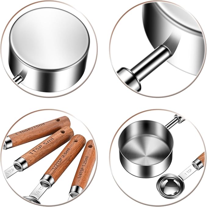 Wooden Handle Measuring Cups & Spoons Set 8-Piece – Stainless Steel, Stackable, Rustic Farmhouse Kitchen Gadgets, Non-Toxic, Dishwasher Safe, Gift for Bakers & New Homeowners.