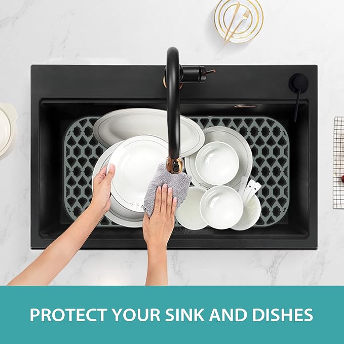 Silicone Kitchen Sink Protectors Mats - 12" 13" 14" 16" 18" 19" 21" 22" 24" 25" 26" 28" 30", Heat Resistant, Machine-wash (28”x14.4”, Rear Drain)