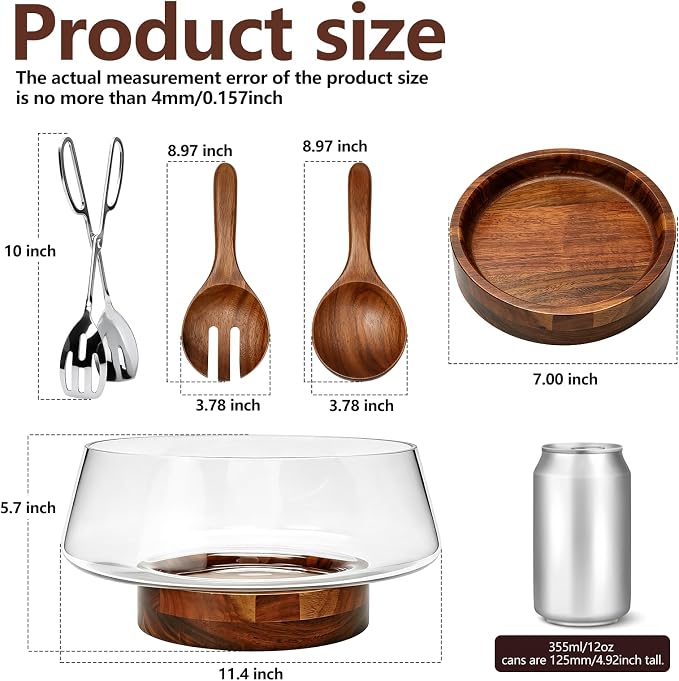 Large Glass Salad Bowl Set with Acacia Wood Base | Salad Bowl Wood Serving Utensils Included for Family Dinners, Parties, Gatherings, Multipurpose Oversize Glass Bowl for Salad