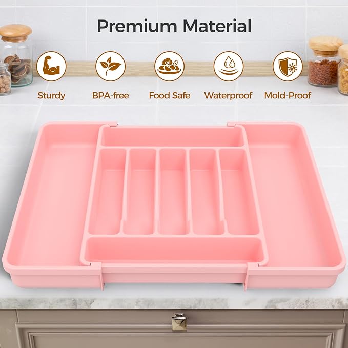 ukeetap Extra Large Expandable Silverware Organizer, Flatware Tray, Pink | BPA-Free Food-Safe Kitchen Utensil Cutlery Drawer Organizer, Adjustable Silverware Holder for Spoons Forks Knives