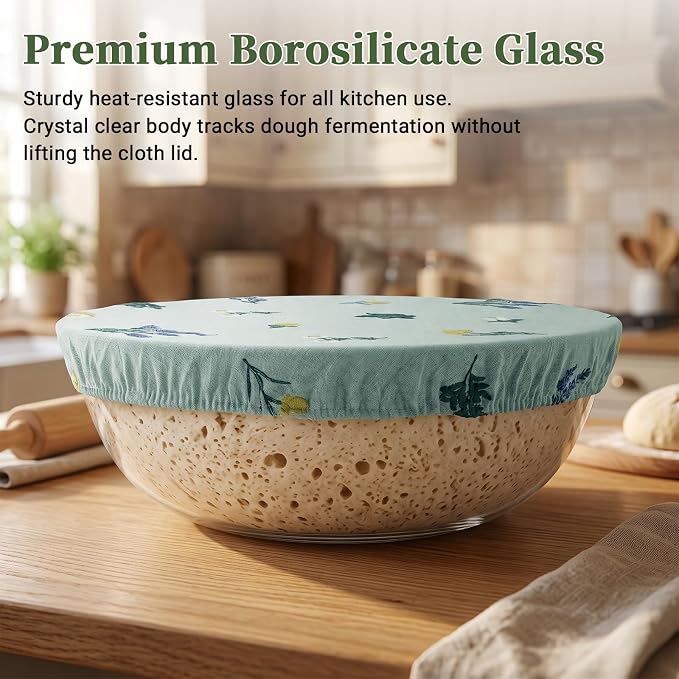 Glass Mixing Bowls 6.3 QT with Reusable Beeswax Bowl Covers for Sourdough Bread Making, 12 Inch Thickened Clear Large Salad Bowls for Kitchen Baking, Food Prep, Prepping, Microwave & Dishwasher Safe