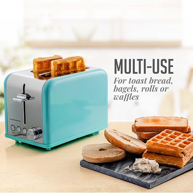 OVENTE 2-Slice Electric Toaster, 825W 6 Browning Setting, Turquoise TS2450T | Perfect for Bagel, and Defrost, with Cancel Functions, Extra-Wide Slots, Stainless Steel Retro Countertop Design
