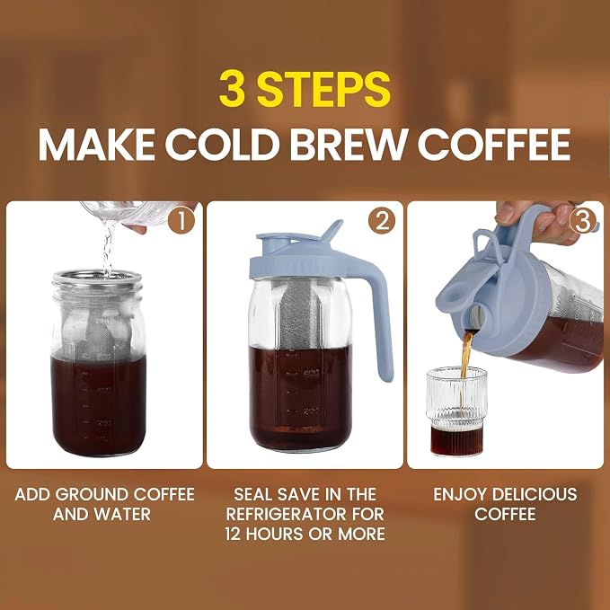 Cold Brew Coffee Maker, 32 oz Mason Jar Pitcher with Stainless Steel Filter, Pour Spout Handle Lid, Heavy Duty Glass Airtight & Leak-Proof for Iced Coffee,Tea & Lemonade
