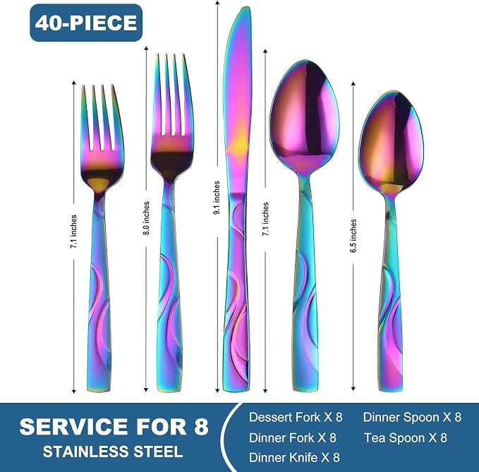40-Piece Rainbow Flatware Set for 8 | Grade 430 Stainless Steel Colorful Silverware Set, Cutlery Set, including Fork Spoon Knife, Dishwasher Safe