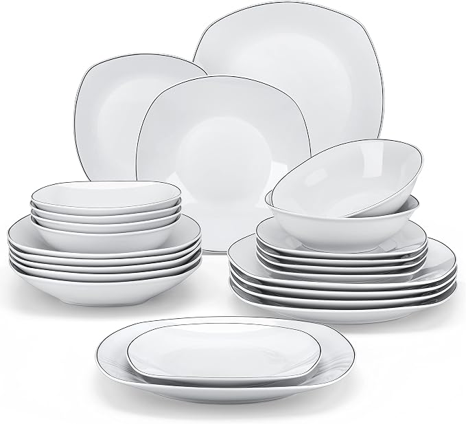 MALACASA Dinnerware Sets, 24 Piece Porcelain Square Dishes, White with Black Rim Plates and Bowls Sets, Ceramic Dish Set for 6, Chip Resistant Dishware Sets, Series ELISA | White Ceramic Plates and Bowls Sets for Serving, Chip Resistant, Microwave & Di...