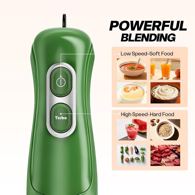 Turelar Immersion Blender Corded 400W, 2 Speed, Emulsifier, Blend, BPA-Free | Hand Blender Stick Mixer, Ergonomic Handle, Stainless Steel Blades, Effortless Blending for Soup, Smoothies, Puree, Baby Food