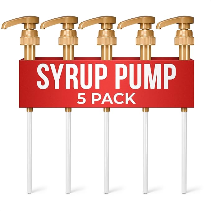 5 Pack Syrup Pumps, 9.25" Closed/11.54" Open, Fits 25.4 oz (Gold) | Pumps for Syrup Bottles; 0.3oz per Press; Lockable, Adjustable Long Tube; for Liquids, Pastes, and Sauces; for Coffee Bar