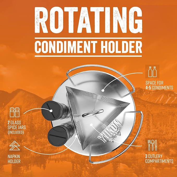 Rotating Condiment Caddy, Stainless, 360-Degree | 2 glass salt and pepper shakers, carry handle, patent pending. For outdoor grill and patio.