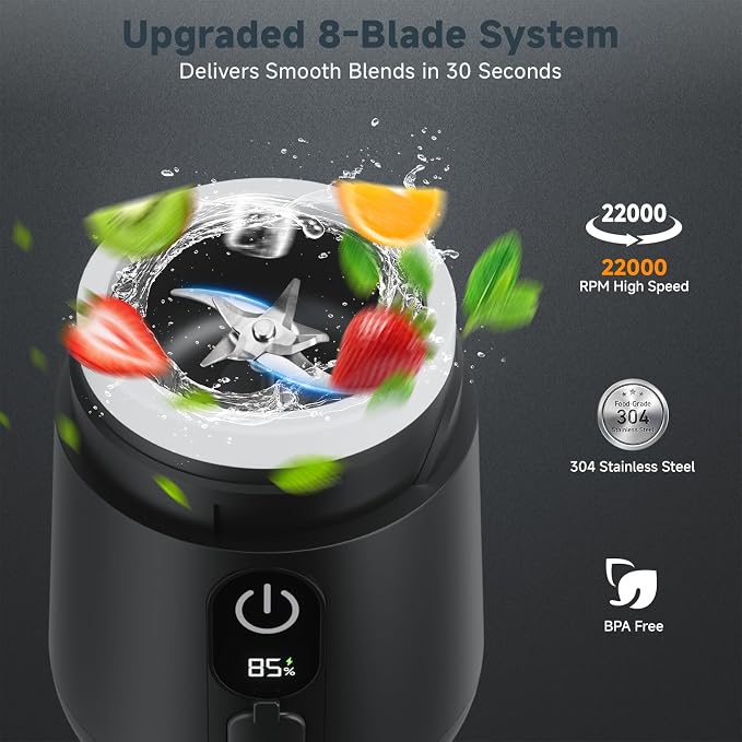 Portable Blender, USB C Rechargeable Small Smoothie Blender with Lid | Personal Blender for Shakes, protein, 8 Blades, Travel Friendly Mini Mixer for Home, Office, Gym, 17oz Black