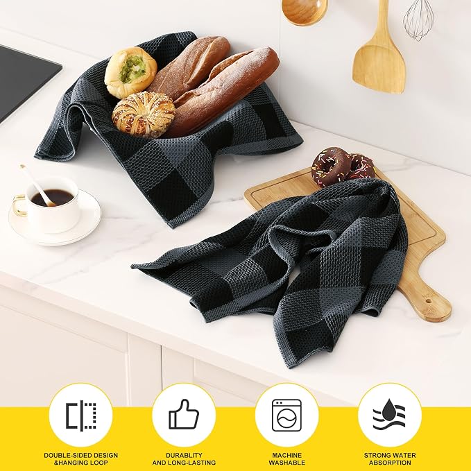 Homaxy Kitchen Towels and Dishcloths Set, Set of 8, Black & Grey | Bulk Cotton Waffle Weave Check Plaid Kitchen Towels, Super Soft and Absorbent Dish Cloths, 12 x 12 and 20 x 28 Inches