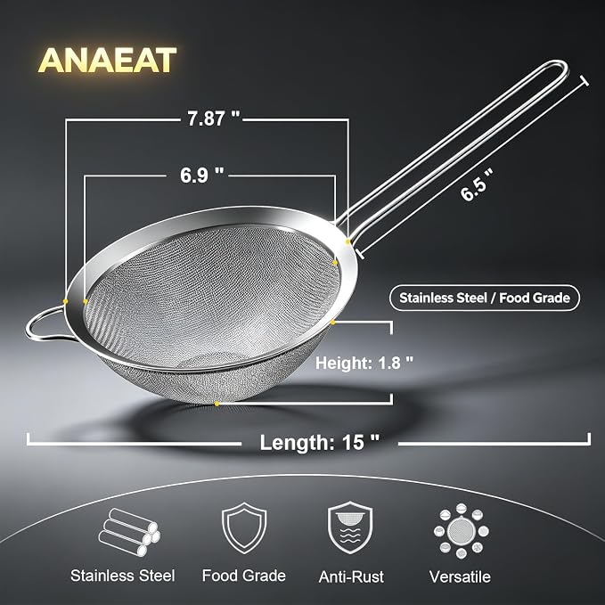 Anaeat Fine Mesh Strainers - Premium Stainless Steel Colander Sieve Sifters, with Durable Mesh and Sturdy Handle, Excellent for Sifting Dry ingredients, Flour, Pastas, Rice, Tea (7.87"）