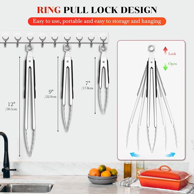 7/9/12 Inch Kitchen Tongs for Cooking, Heat Resistant Stainless Steel Tongs | Heavy Duty Metal Tongs Grilling Tongs Grill Tongs BBQ Tongs for Cooking,Grilling,BBQ/Barbecue,Food (7+9+12 inch)