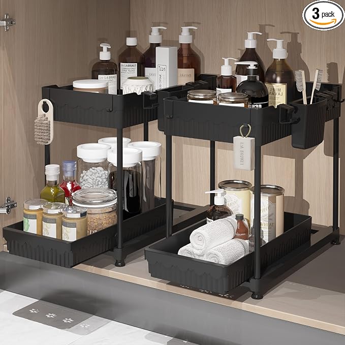 2-Pack 2-Tier Under Sink Organizers with Sliding Drawers | Multi-use kitchen & bathroom storage, 12.85 inch black cabinet organizer, space-saving sliding drawer design.